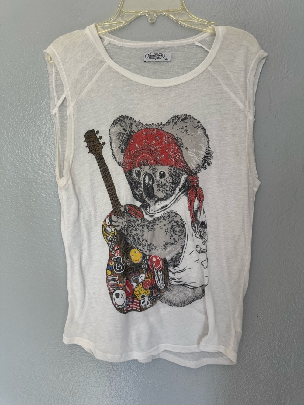 Lauren Moshi Beverly Hill White Tank Top XS Rock & Roll Guitar Koala Bear
